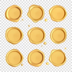 Fotobehang Wax seal collection. Gold stamp wax seal set with drops isolated on transparent background. Realistic guaranteed golden stamps. Realistic 3d vector © janevasileva