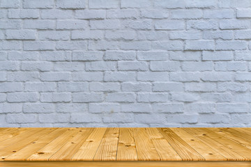 Beautiful pattern of empty brown plank wooden board as mock-up display shelf or tabletop with white...