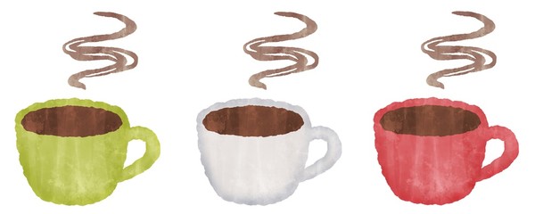 コーヒー　カラフルなマグカップ　水彩風イラスト