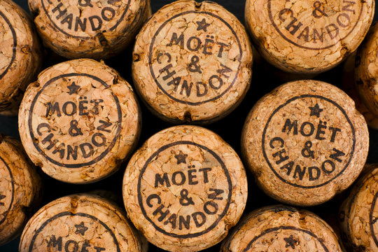 Tambov, Russian Federation -February 14, 2020 Moet & Chandon Champagne corks background. Black background.