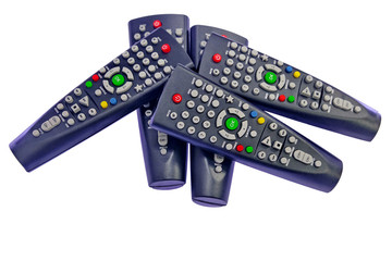 five several many pieces black, dark gray TV remote control channel switching, green OK button, on a light, white background with backlight
