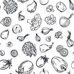 Fresh vegetables sketch background, vector seamless pattern hand drawn.  Line art. Food illustration for shop. Natural food.