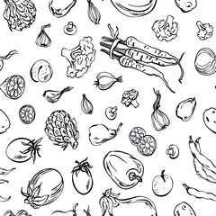 Fresh vegetables sketch background, vector seamless pattern hand drawn.  Line art. Food illustration for shop. Natural food.