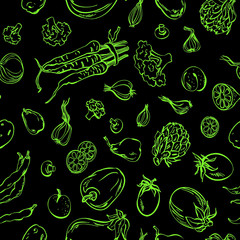 Fresh vegetables sketch background, vector seamless pattern hand drawn.  Line art. Food illustration for shop. Natural food.