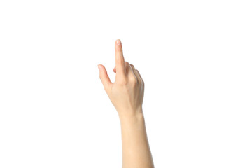 Female hand showing gesture, isolated on white background