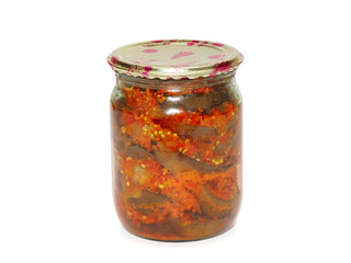 Canned eggplants in a jar isolated on white background