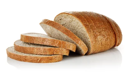 Wall murals Bread Wheaten bread with bran cut slice. Baking of dough. Isolated on white background.