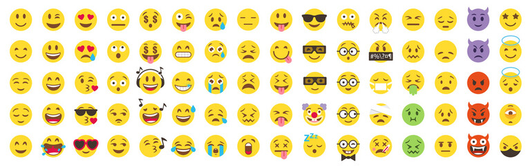 Vector Emoticon Big Set. Emoji pack. All face and hand emojis vector icons illustrations collection - obrazy, fototapety, plakaty