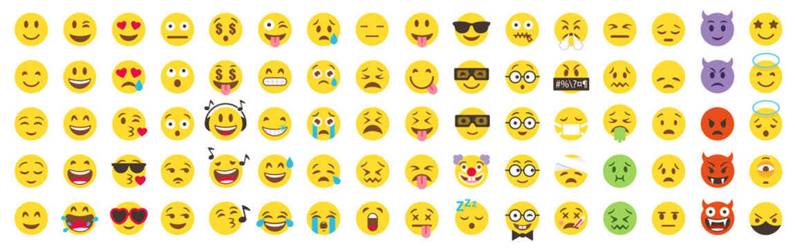 Vector Emoticon Big Set. Emoji pack. All face and hand emojis vector icons illustrations collection