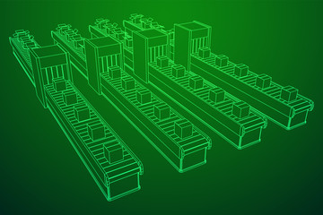 Conveyor belt section with pack boxes. Factory production equipment. Wireframe low poly mesh vector illustration