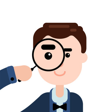 Man looking through a magnifying glass. Nit-picking concept. Vector flat illustration.