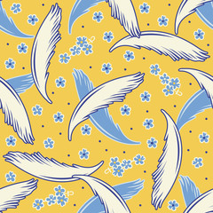 Vector seamless pattern with light feathers and flowers.