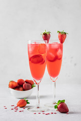St Valentines party mocktails, strawberry iced drinks. Selective focus, copy space.