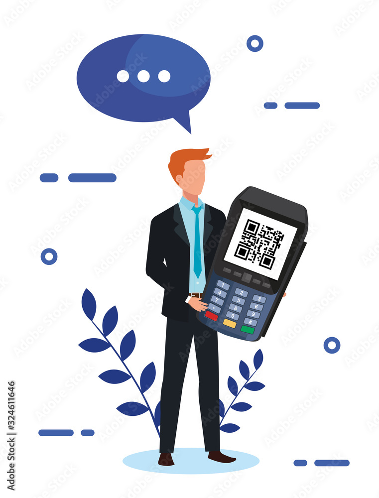 Poster businessman and dataphone with scan code qr vector illustration design