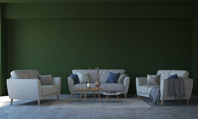 Modern loft lounge and living room interior design and green wall background 