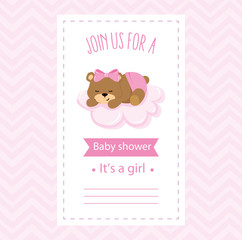 baby shower card with bear female and icons vector illustration design