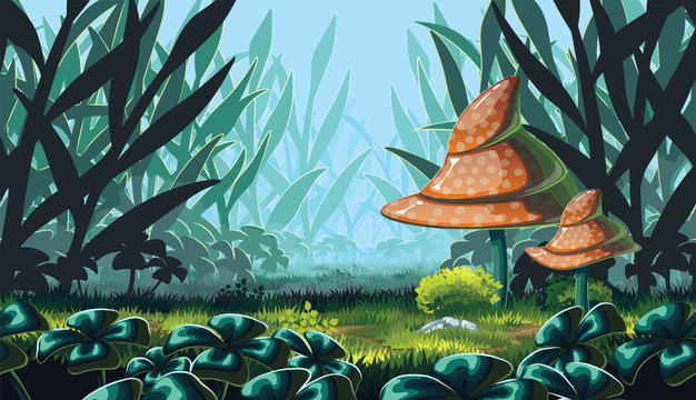 Horizontal background of landscape with deep mushroom forest.