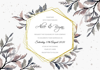  wedding invitation card with grey leaves watercolor