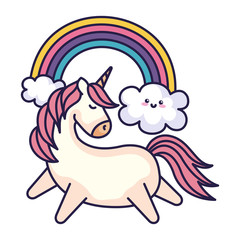 cute unicorn with rainbow kawaii style vector illustration design