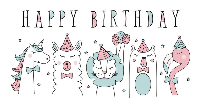 hand drawn birthday card with cute flamingo, llama, unicorn, lion, bear, vector illustration