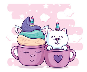 cute cup unicorn and cat in cup kawaii style vector illustration design © Gstudio