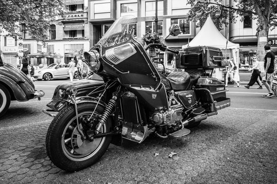 BERLIN - JUNE 05, 2016: Motorcycle with sidecar Honda Gold Wing GL1100 Full-Dresser, 1980. Black and white. Classic Days Berlin 2016.