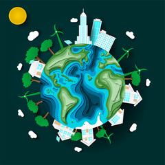 Green sustainable city with wind turbines and solar cells. Power saving, save the planet, earth day, renewable energy resources concepts. Vector illustration in paper cut origami style with 3D effect.