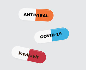 Antiviral capsule Favilavir for treatment COVID-19 coronavirus, vector illustation.