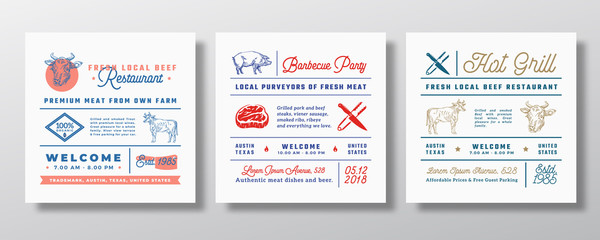 Pork Barbecue Grill Party or Beef Restaurant Signs, Titles or Menu Decoration Elements Set. Retro Typography Layouts Bundle with Hand Drawn Pig and Cow Illustrations. Vintage Label Templates.