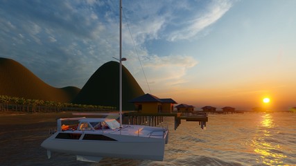 Fototapeta na wymiar Bungalow resort on island, French Polynesia 3d rendering