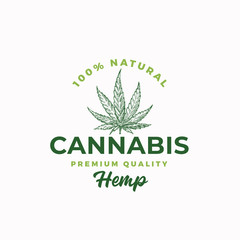 Premium Quality Hemp. Cannabis Abstract Vector Sign, Symbol or Logo Template. Hand Drawn Green Marijuana Leaf Sketch Sillhouette with Retro Typography. Vintage Medicine Herb Emblem.
