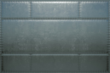  3d image of the metal skin of an airplane with rivets. Steel background from the plates.