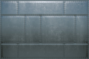  3d image of the metal skin of an airplane with rivets. Steel background from the plates.