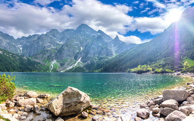 Beautiful landscape of the lake Morske Oko (Sea Eye) on a clear sunny day, Zakopane, Poland, High Tatras