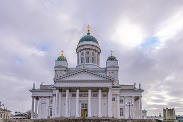 Helsinki. Finnish St. Nicholas Cathedral. Helsinki temples. Panorama of the Senate Square. It's a nasty day. St. Nicholas Cathedral against the sky. Tour to Finland.