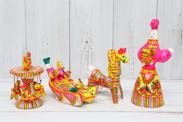 Ancient traditional national folk russian handicraft: filimonovsky toy, doll from Odoyev, Tula...