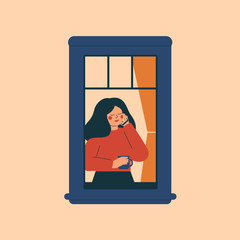 A young woman stands near an open window and talks on a mobile phone. Happy girl at home drinking coffee. Vector flat cartoon illustration