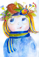 Watercolor portet of a little girl with a wreath of flowers. Children poster