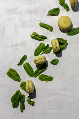 Homemade green macarons seen from above