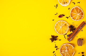 still life tea with lemon on a yellow background