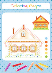 Russian fabulous wooden house. Coloring book. Educational game for children. Cartoon vector illustration