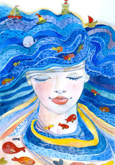 Watercolor ecology portrait of a sea girl. Sea background