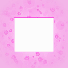 It's spring time! Blank white card with purple frame and purple flowers on pink background. Illustration.