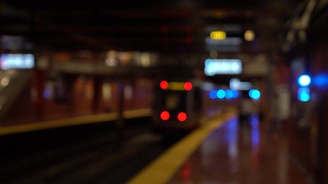 San Francisco, California, USA - August 2019: Muni subway train departing from Castro station. Video shot out of focus intentionally and originally