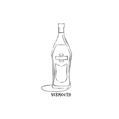 Bottle vermouth in hand drawn style. Restaurant illustration for celebration design. Retro sketch. Line art. Design element. Beverage outline icon. Isolated on white background in graphic stroke