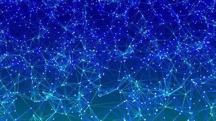 Digital plexus of glowing lines and dots. Cybernetic futuristic background. Big data visualization. Network or connection. 3d rendering.
