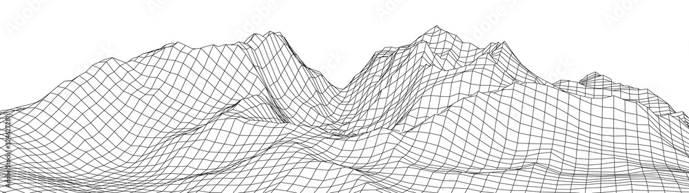 Poster vector wireframe 3d landscape. technology grid illustration. network of connected dots and lines. fu