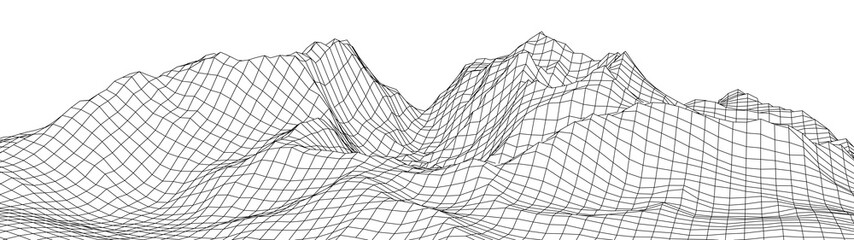 Vector wireframe 3d landscape. Technology grid illustration. Network of connected dots and lines. Futuristic background.