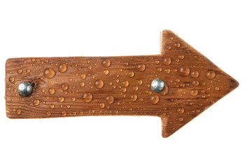Pointer made of dark wood with metal bolts and raindrops. Isolated