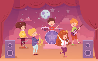 Children music band performing on concert scene